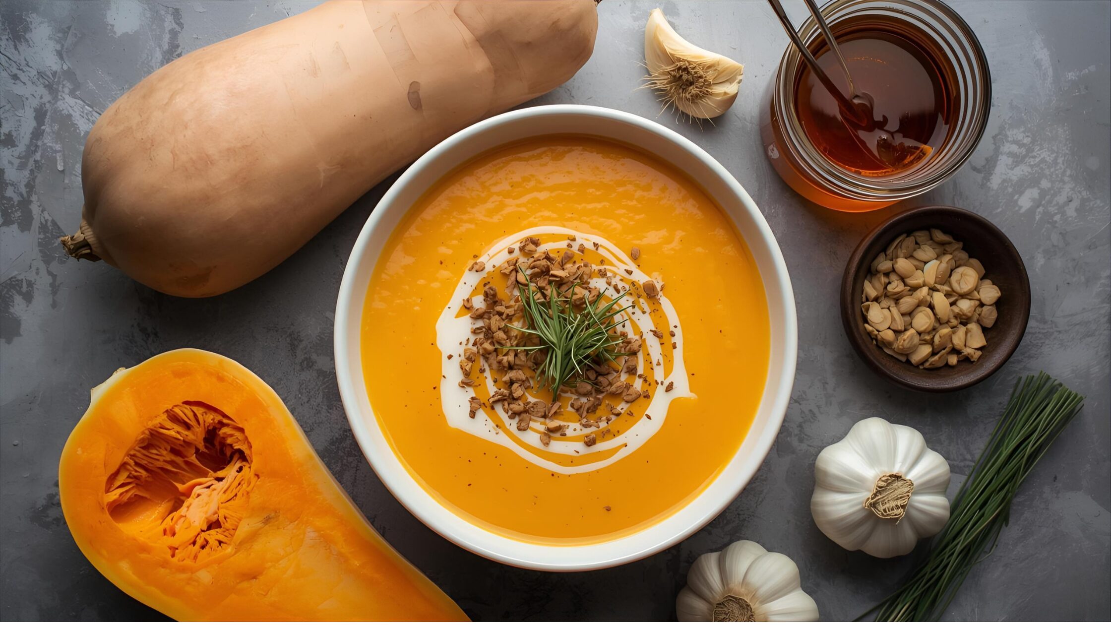 A bowl of butternut squash soup surrounded by the ingredients: butternut squash, garlic, shallots, and maple syrup.
