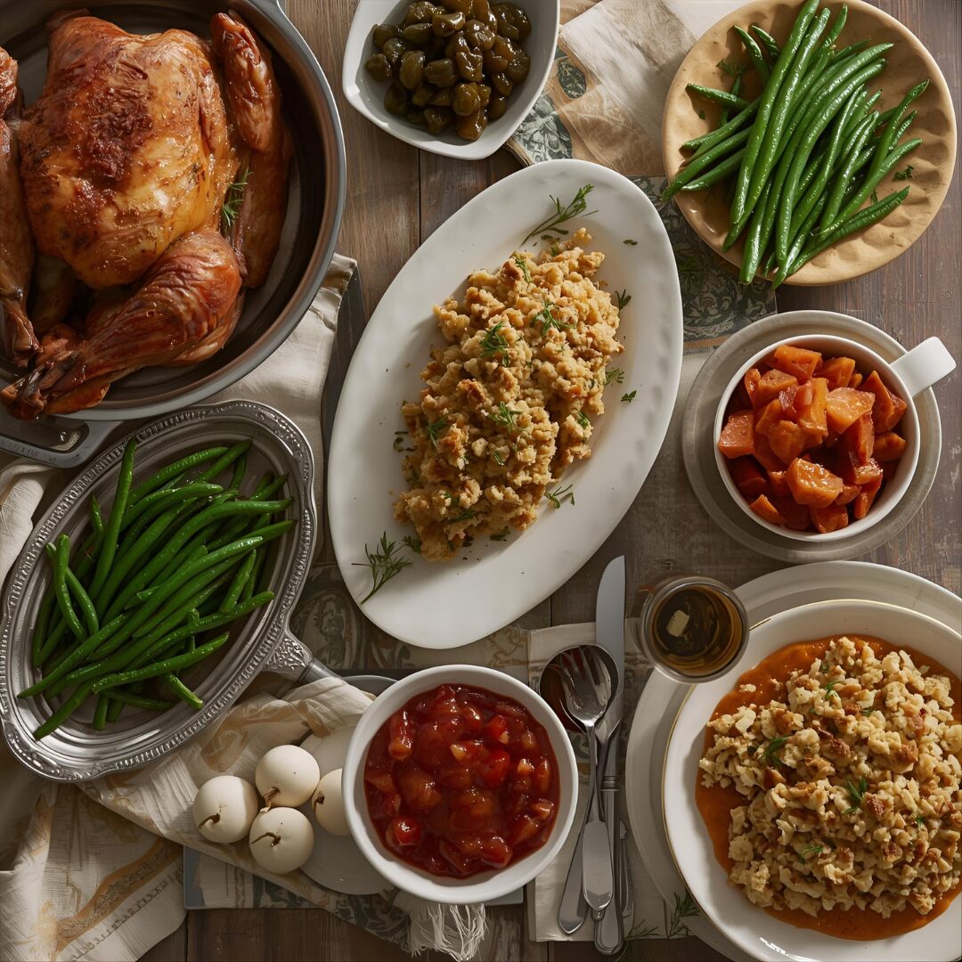 Quick Thanksgiving recipes - a spread of various dishes.